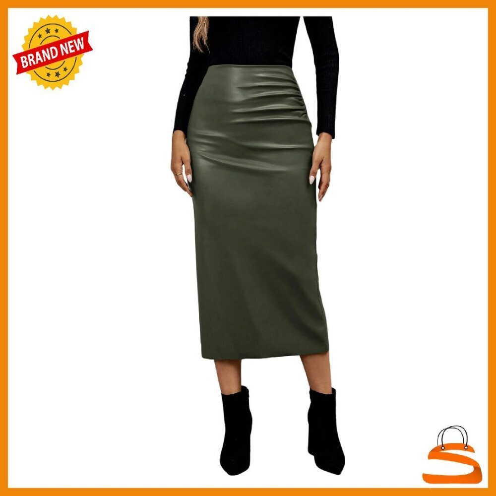 Faux Leather Maxi Skirt High Waist Ruched Side Slit Pencil